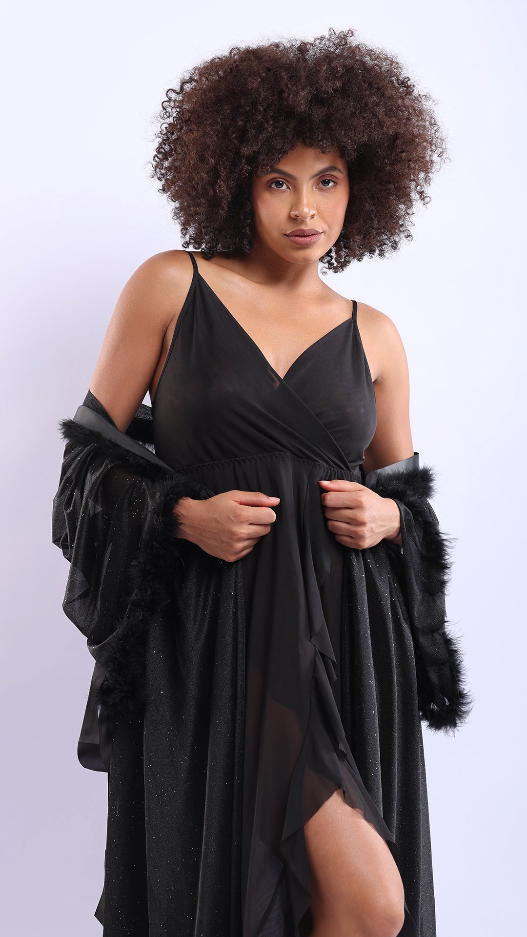 Sheer Mesh Long Nighty & Robe Set | Wrap Nightdress with Fur Cuff Robe