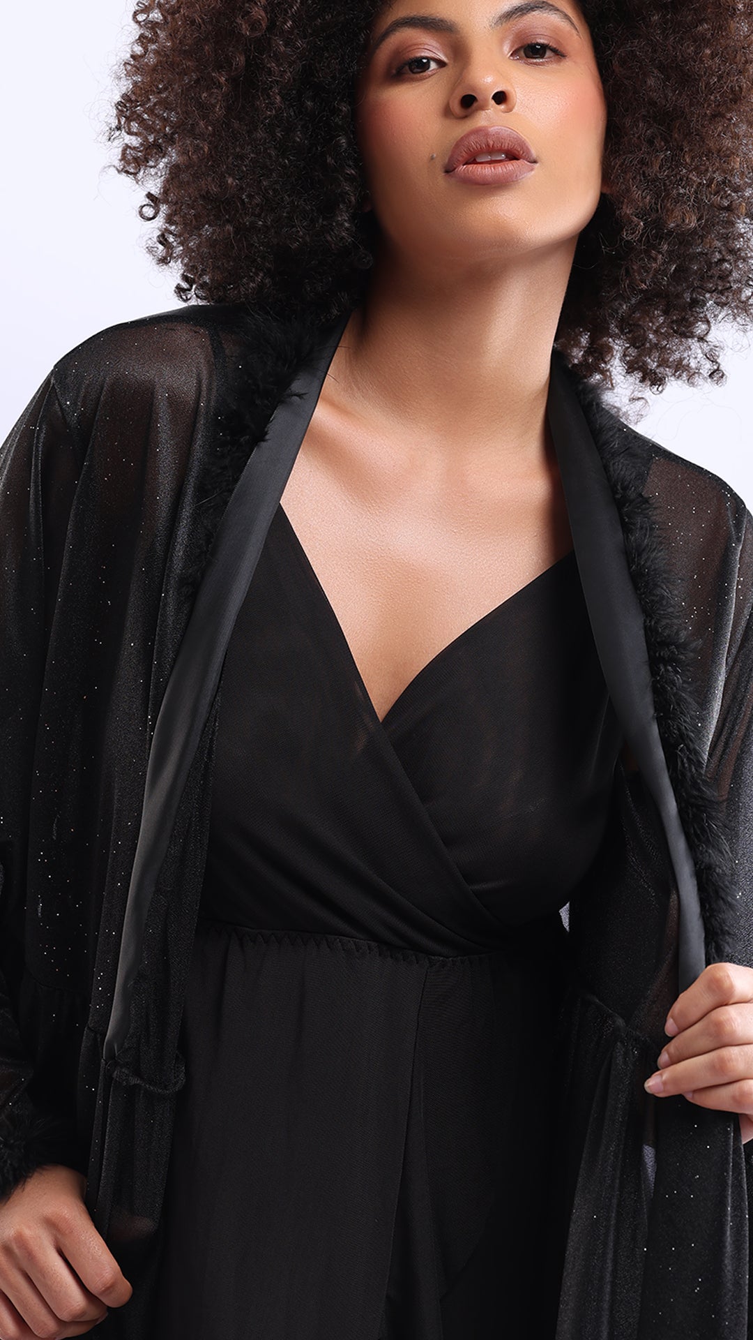 Sheer Mesh Long Nighty & Robe Set | Wrap Nightdress with Fur Cuff Robe