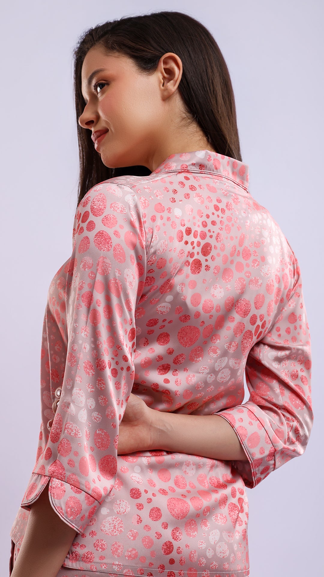 Printed Satin Shirt & Pyjama Set | Front Open 3/4 Sleeve Nightwear