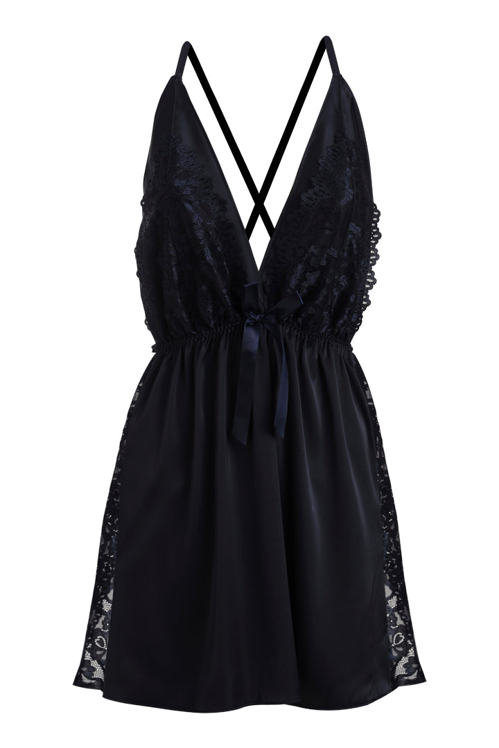 AXTZH Lace Trim Nightwear with Thong & Robe Set X9565-NAVY-F11S