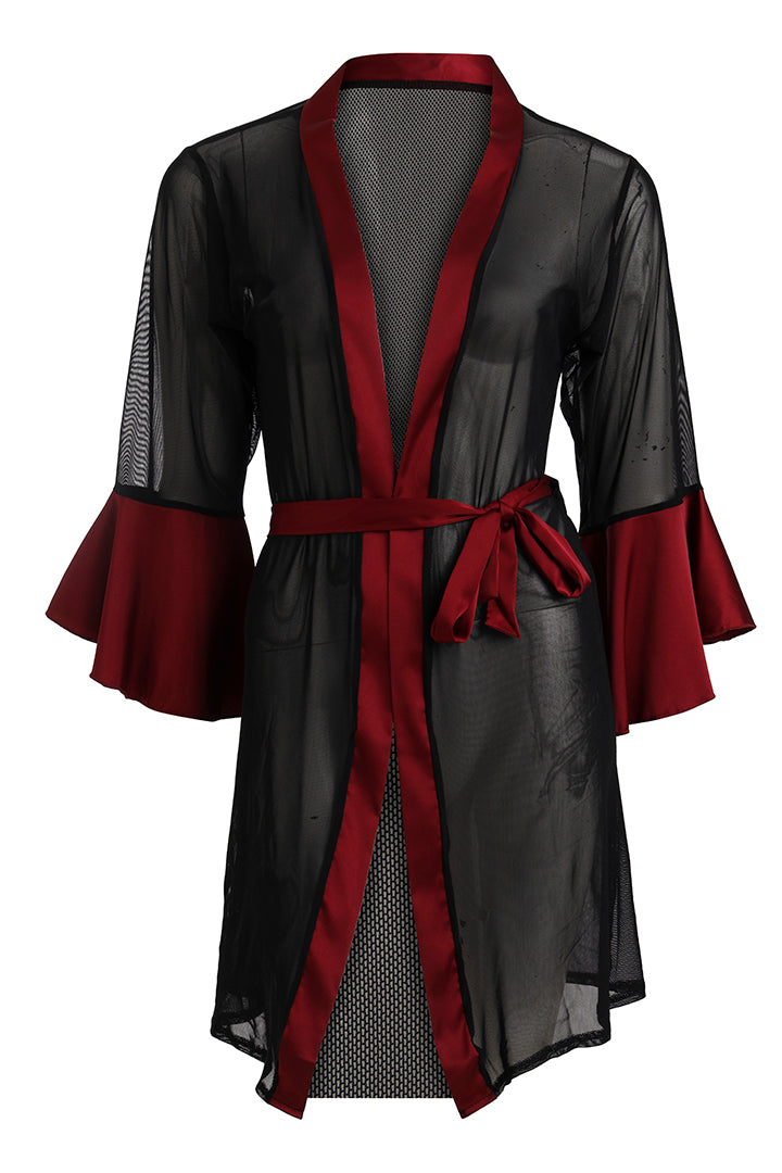 AXTZH Satin and Sheer Lace Nightwear Set with Thong and Robe NW X8803-SCARLET-F11N