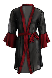 AXTZH Satin and Sheer Lace Nightwear Set with Thong and Robe NW X8803-SCARLET-F11N