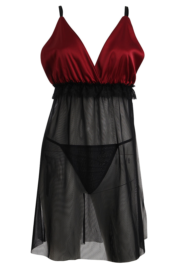 AXTZH Satin and Sheer Lace Nightwear Set with Thong and Robe NW X8803-SCARLET-F11N