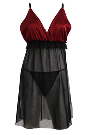 AXTZH Satin and Sheer Lace Nightwear Set with Thong and Robe NW X8803-SCARLET-F11N