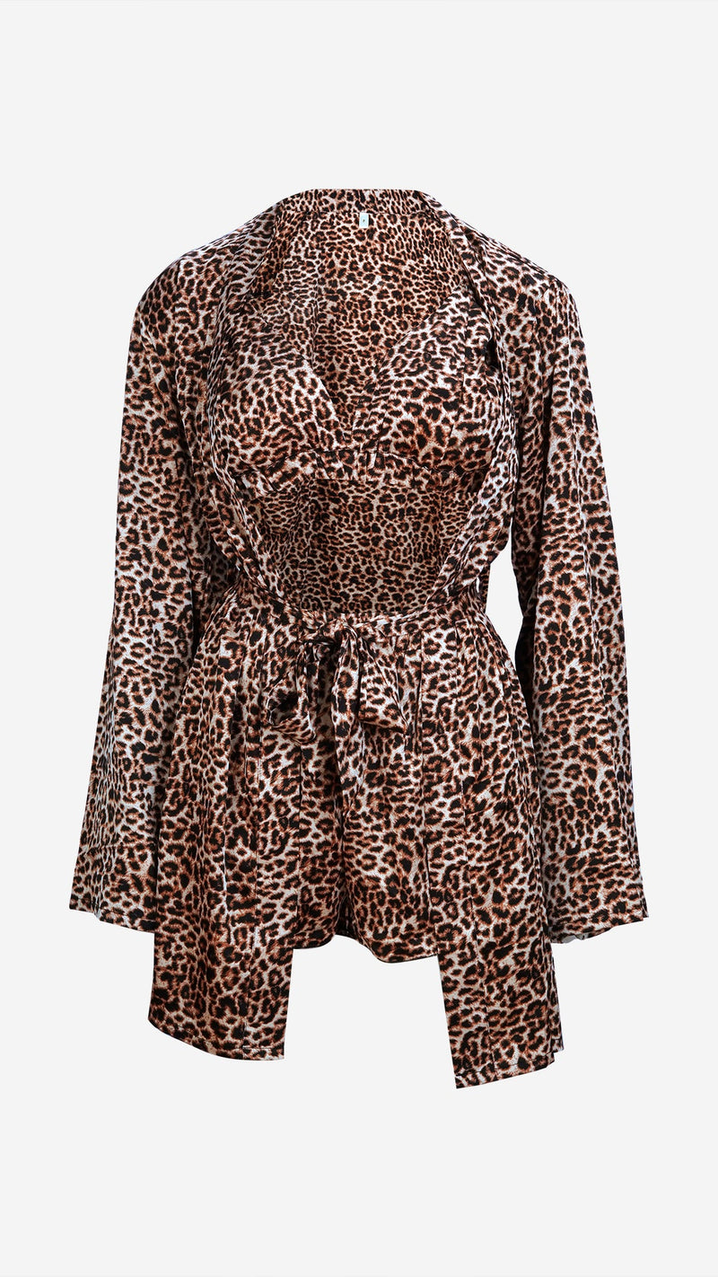 3Pc Leopard Print Satin Lingerie Set | Bralet, Shorts & Robe