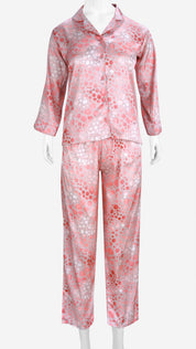 Printed Satin Shirt & Pyjama Set | Front Open 3/4 Sleeve Nightwear