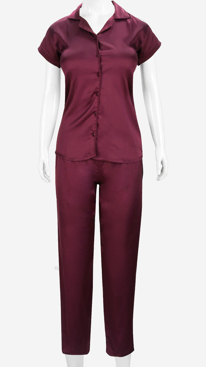 Satin Shirt & Pyjama Set | Front Open Half Sleeve Nightwear