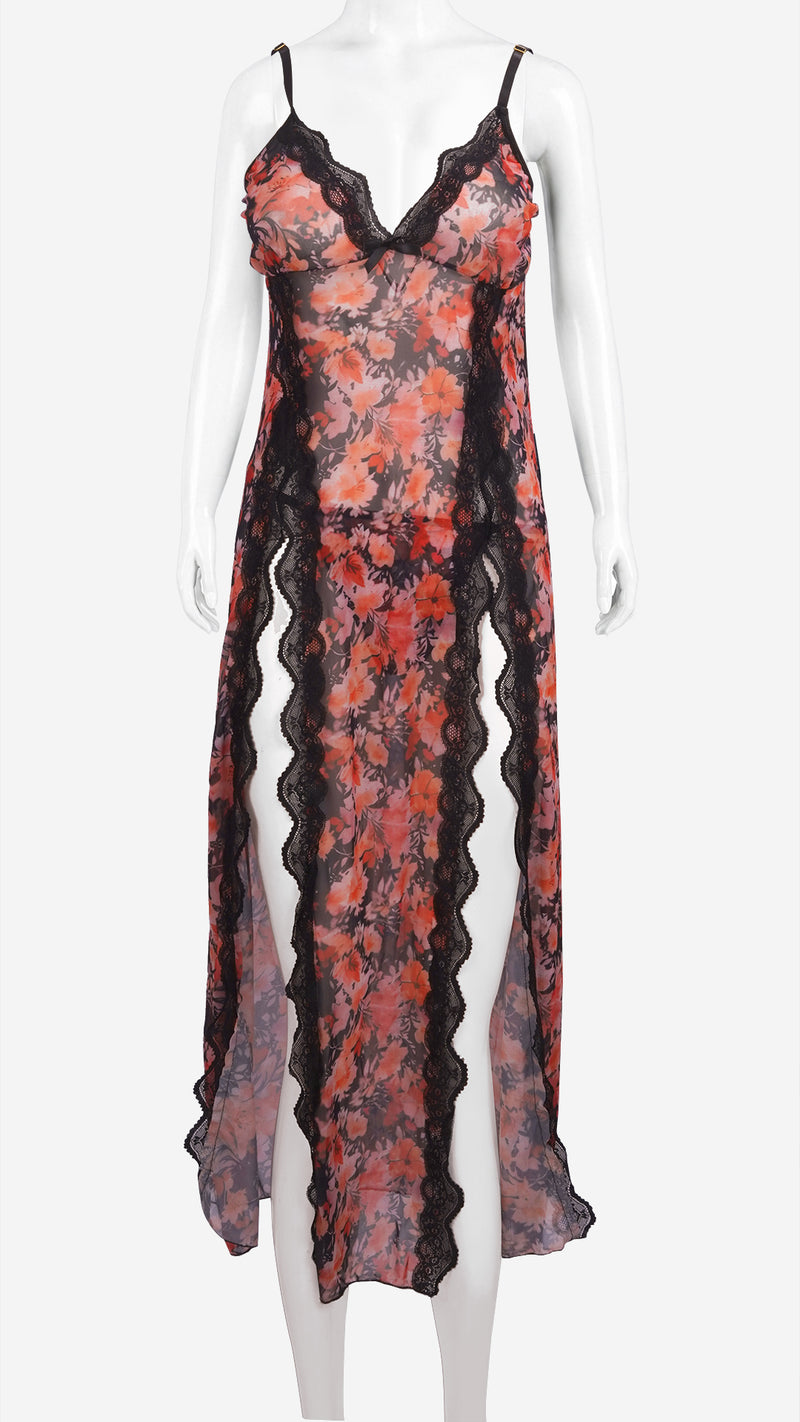 Floral Printed Net Long Nightdress | Sheer Front Slit Lingerie