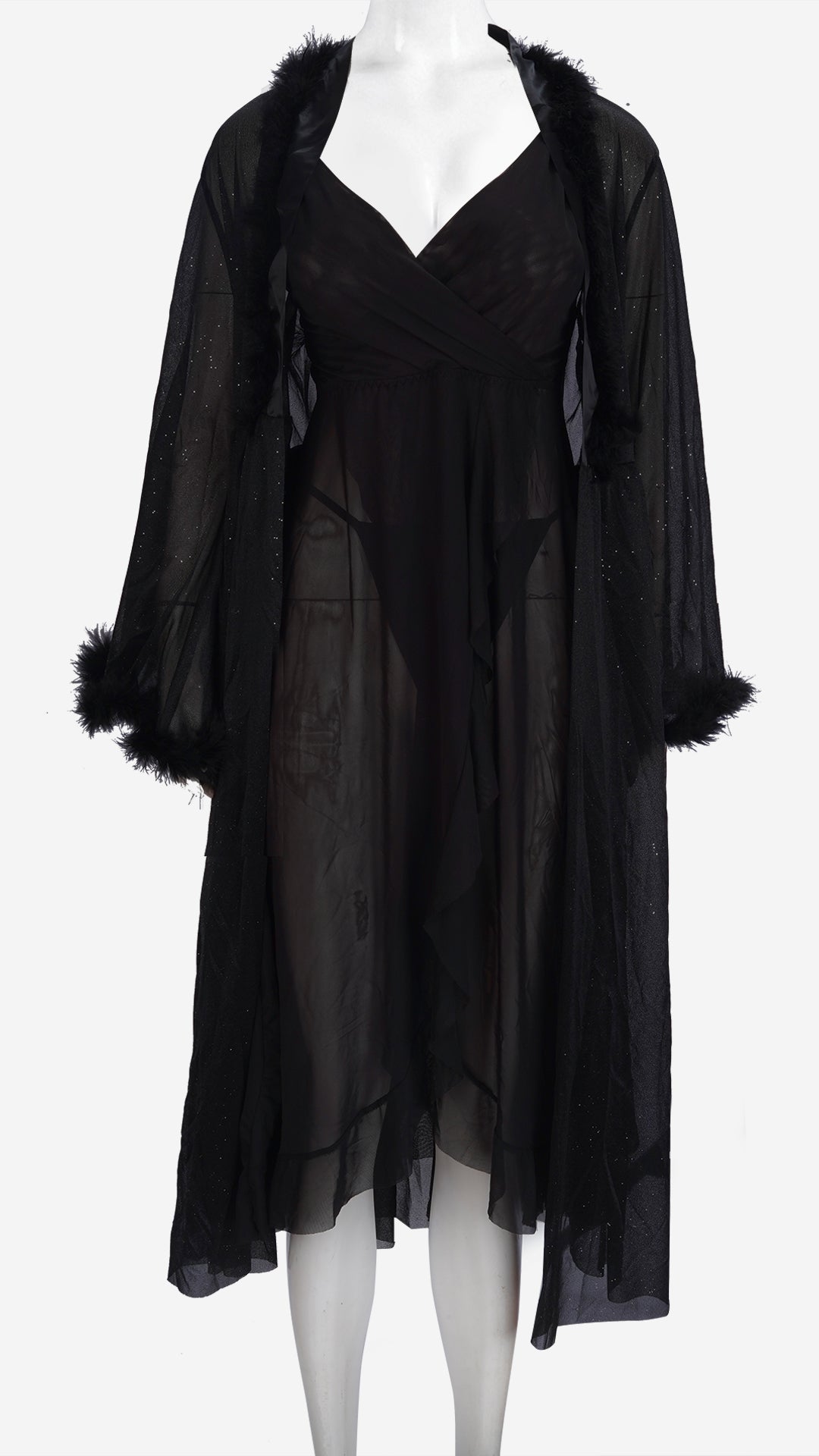 Sheer Mesh Long Nighty & Robe Set | Wrap Nightdress with Fur Cuff Robe
