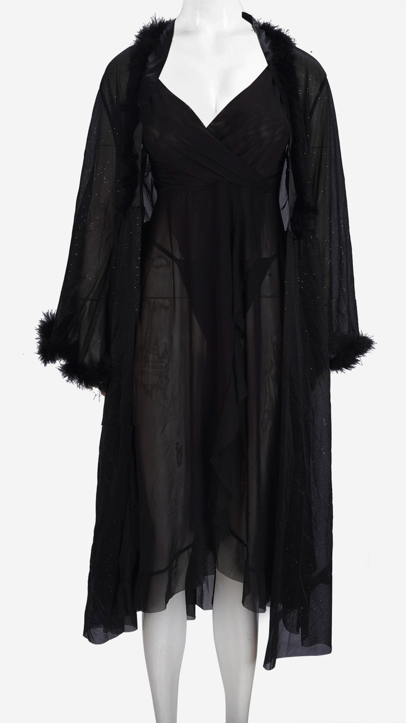Sheer Mesh Long Nighty & Robe Set | Wrap Nightdress with Fur Cuff Robe