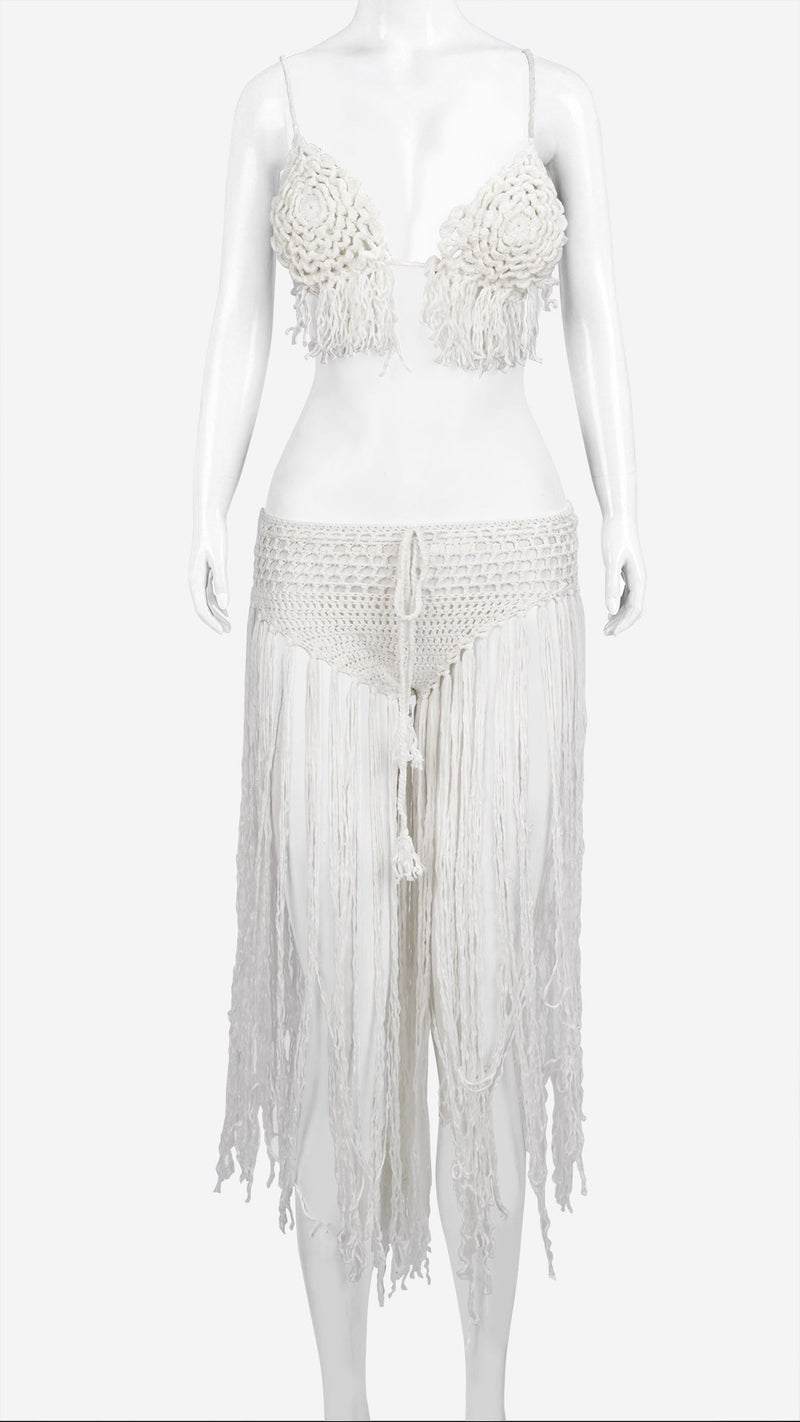White crochet fringe bralette and fringe skirt set on mannequin, front view