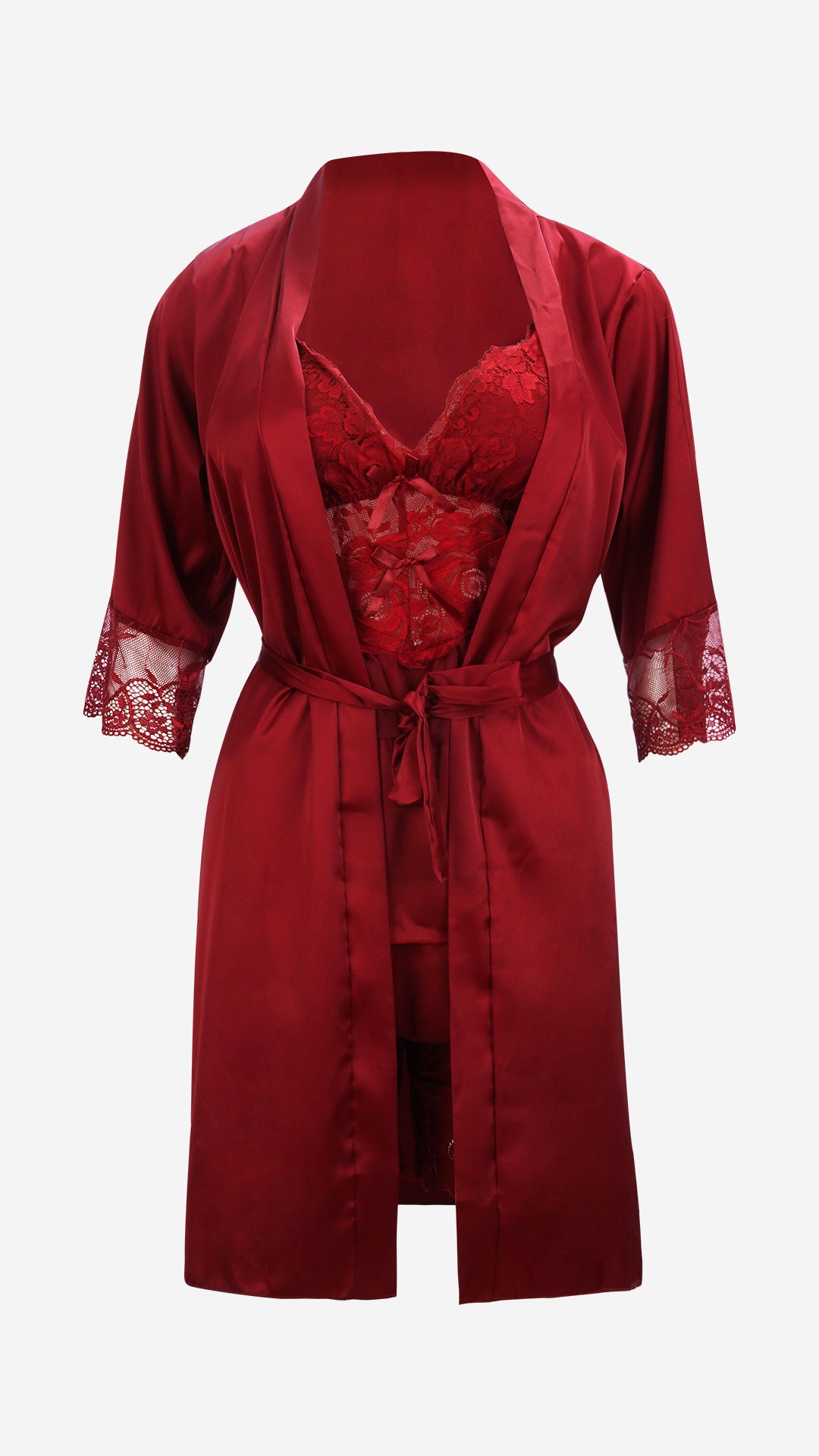 Studio product shot of an open-front crimson red satin bridal robe with lace cuffs and a self-tie waist belt.