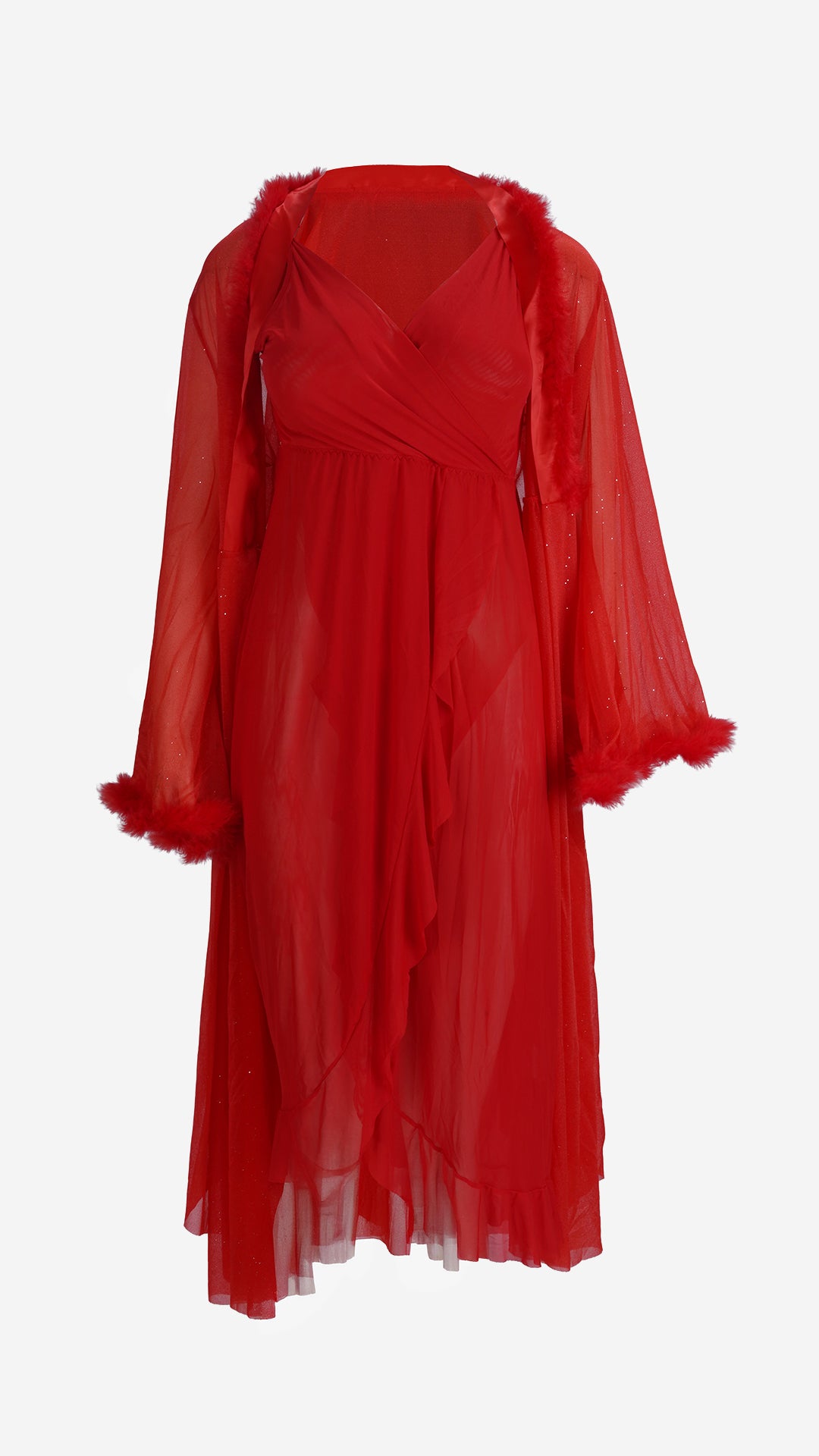Sheer Mesh Long Nighty & Robe Set | Wrap Nightdress with Fur Cuff Robe