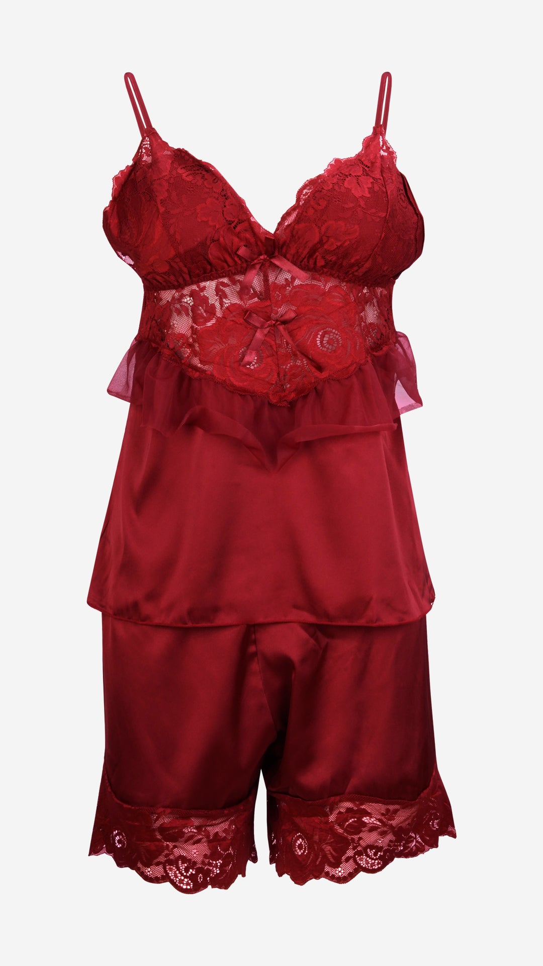 Front studio shot of the crimson red bridal cami top with padded lace cups and matching satin shorts.
