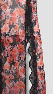 Floral Printed Net Long Nightdress | Sheer Front Slit Lingerie