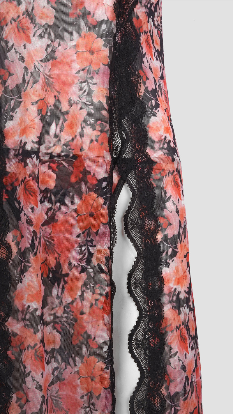 Floral Printed Net Long Nightdress | Sheer Front Slit Lingerie