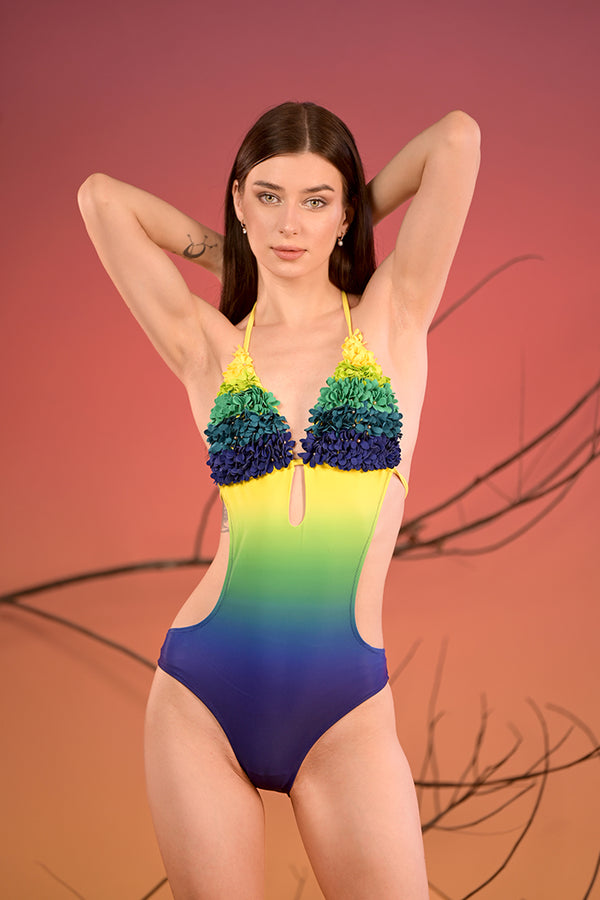 SWIMWEAR-XSWIM1PM1001IO-Floral design Elegant Cut-Out Bikini Swimwear