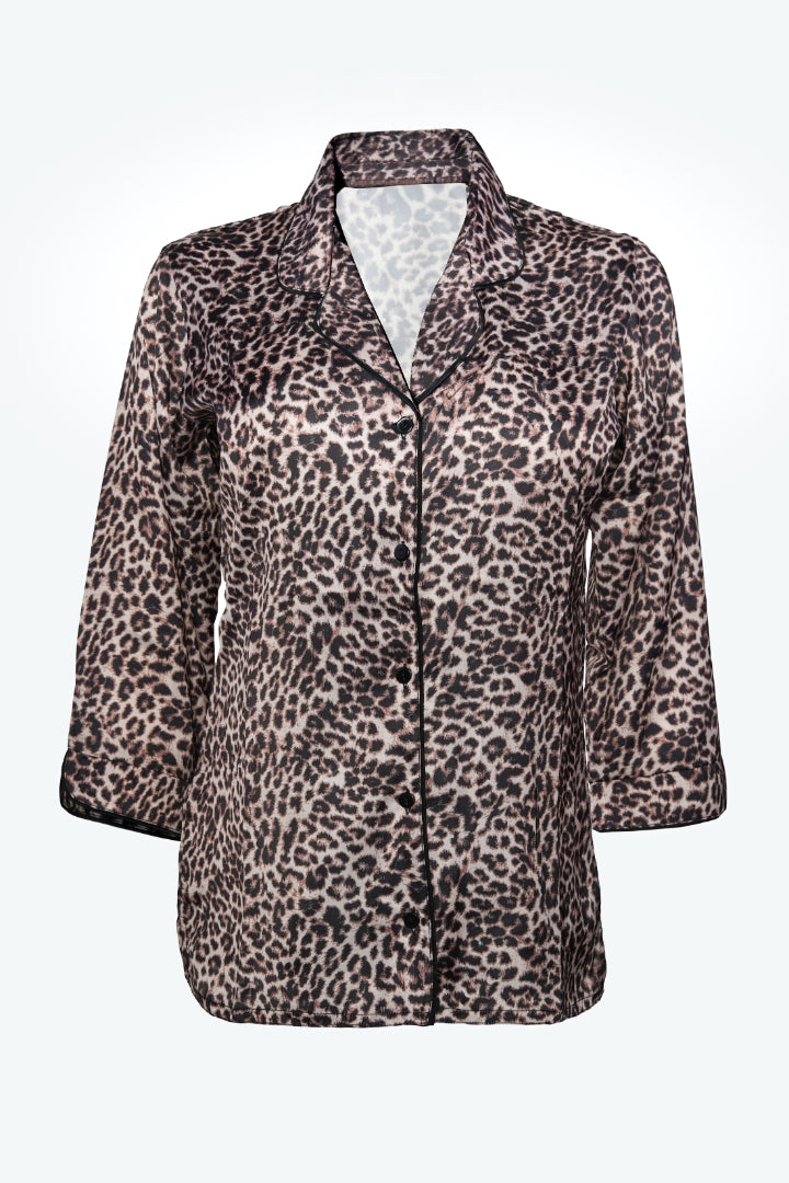 ANGELS FASHION Bold & Beautiful Two-Piece Nightwear Set with Collared Shirt and Straight-Leg PantsAG0830-LEOPR-C2S
