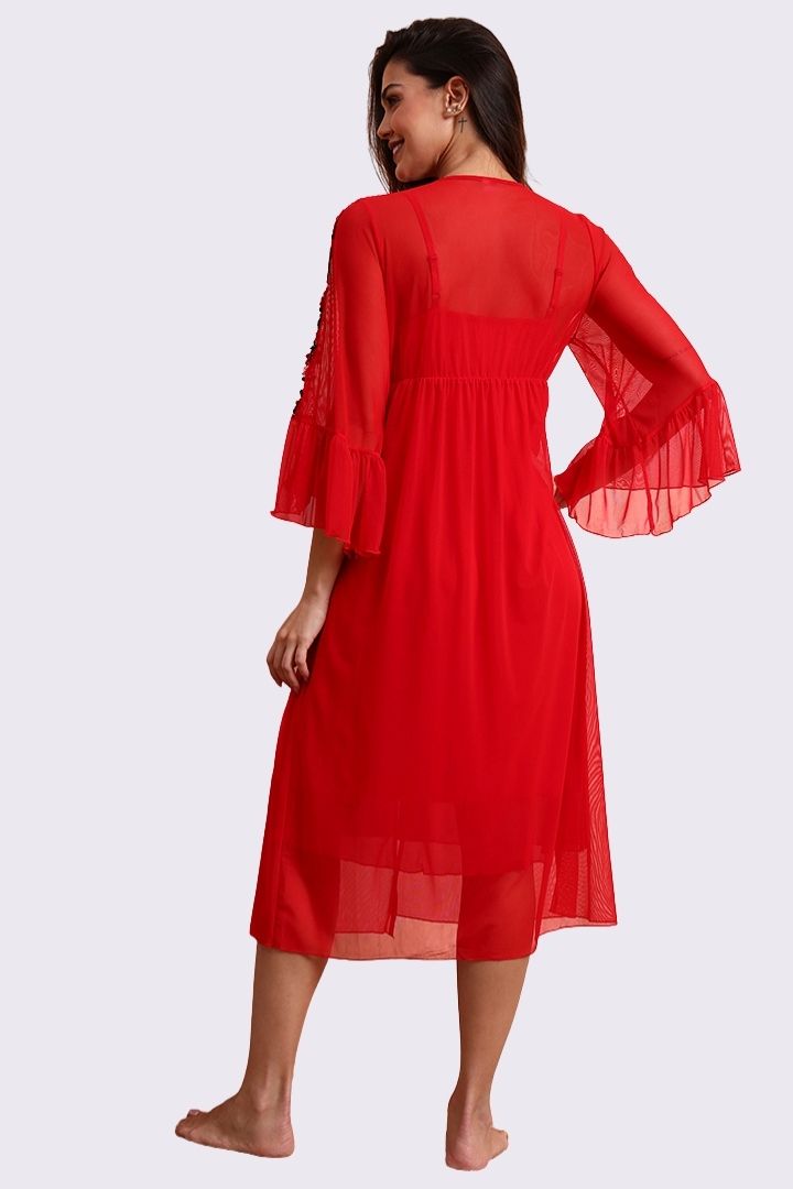 AXTZH Stylish Women’s Nightwear Set with Flared Sleeves and Embellished Waistline X0300-CRIMSON-F11N