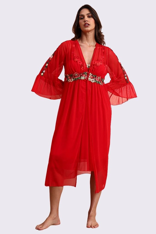 AXTZH Stylish Women’s Nightwear Set with Flared Sleeves and Embellished Waistline X0300-CRIMSON-F11N