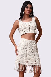 AXTZH Women’s Crochet Beachwear Skirt with Delicate Detailing and Fringe Hem X2526-BEIGE-BW1PSK