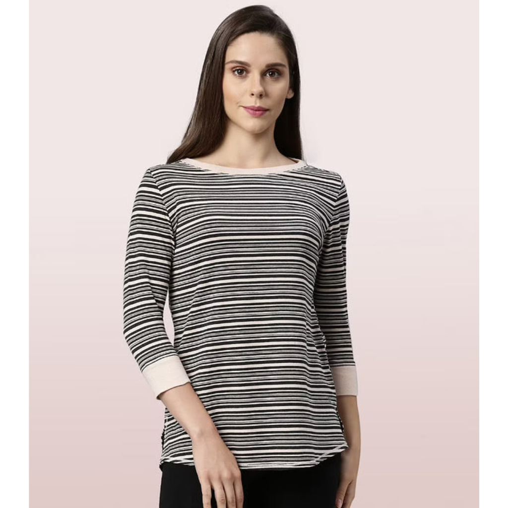 ENAMOR-EA07 Shell Pink LONG TEE â€“ STRIPED | Â¾ SLEEVE BOAT NECK LOUNGE TEE WITH MINDFUL GRAPHIC