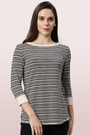 ENAMOR-EA07 Shell Pink LONG TEE â€“ STRIPED | Â¾ SLEEVE BOAT NECK LOUNGE TEE WITH MINDFUL GRAPHIC