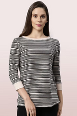 ENAMOR-EA07 Shell Pink LONG TEE â€“ STRIPED | Â¾ SLEEVE BOAT NECK LOUNGE TEE WITH MINDFUL GRAPHIC