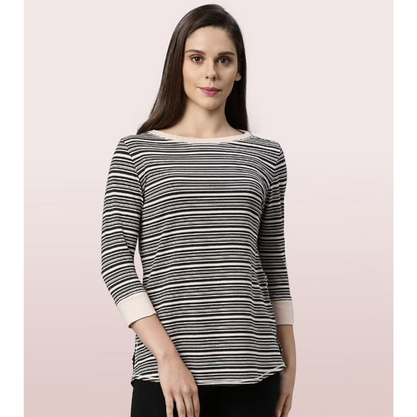ENAMOR-EA07 Shell Pink LONG TEE â€“ STRIPED | Â¾ SLEEVE BOAT NECK LOUNGE TEE WITH MINDFUL GRAPHIC