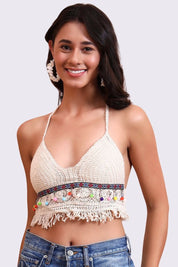 AXTZH Crochet Halter Beachwear Bra Top with Handcrafted Detailing and Playfu-X0169-BEIGE11-BW1PBL