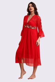 AXTZH Stylish Women’s Nightwear Set with Flared Sleeves and Embellished Waistline X0300-CRIMSON-F11N