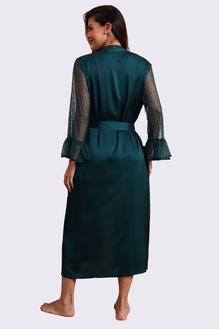 AXTZH Graceful Two-Piece Women’s Nightwear Set with Sheer Sleeves and Embroidered Detailing X2168-BGREEN-F12S