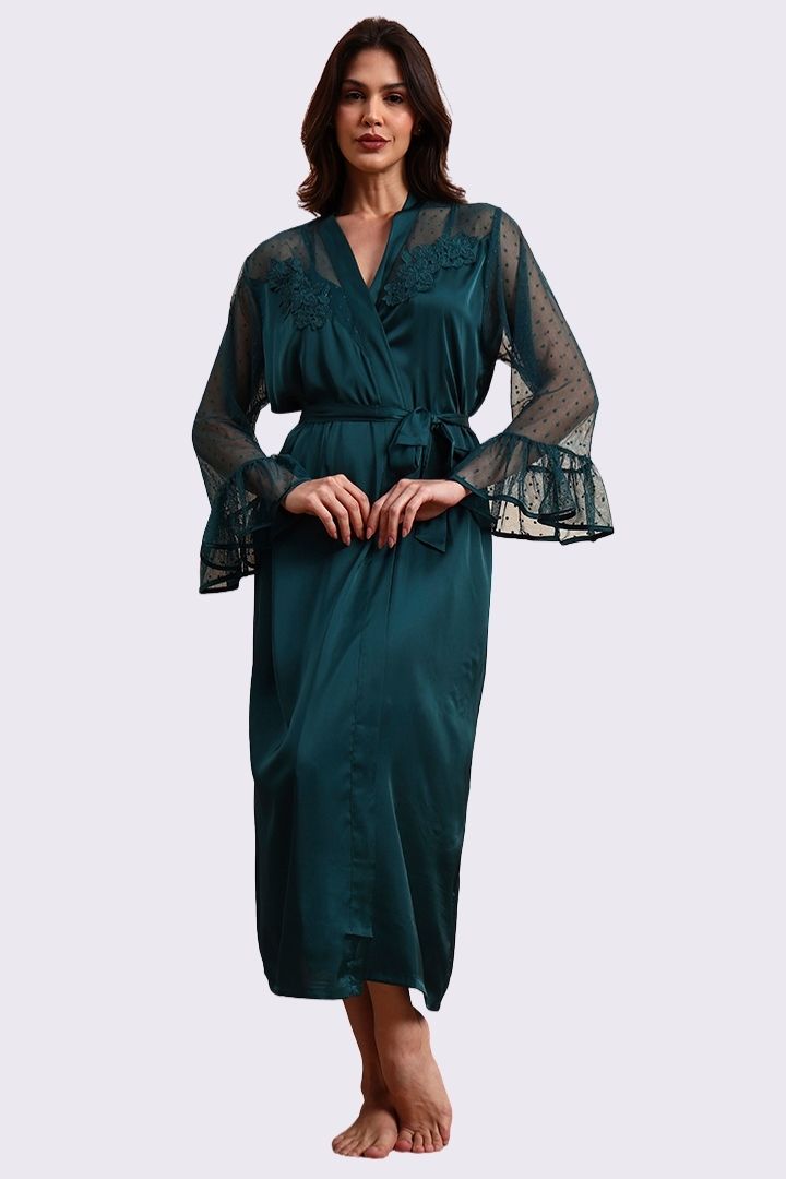 AXTZH Graceful Two-Piece Women’s Nightwear Set with Sheer Sleeves and Embroidered Detailing X2168-BGREEN-F12S