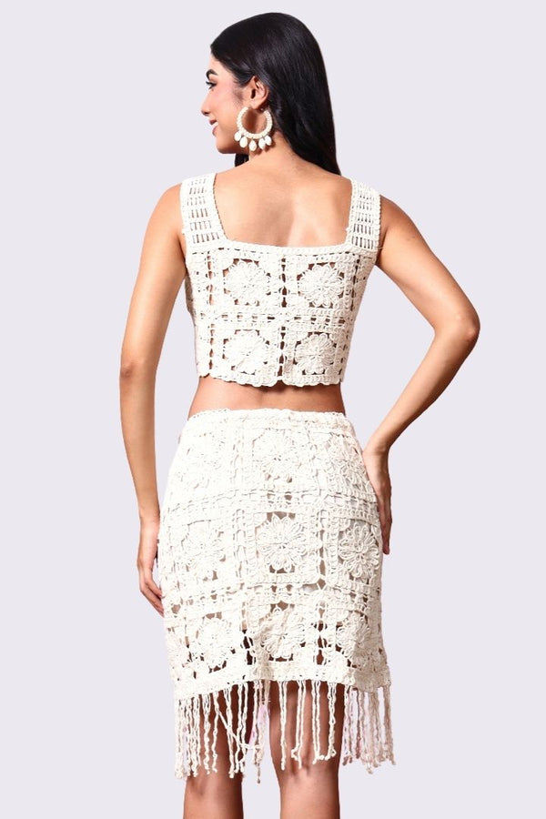 AXTZH Women’s Crochet Beachwear Skirt with Delicate Detailing and Fringe Hem X2526-BEIGE-BW1PSK