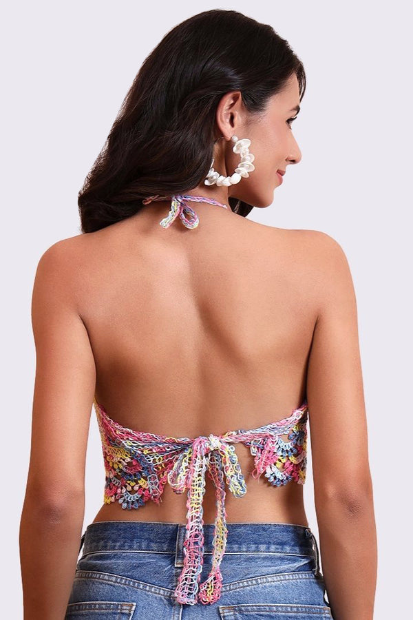 AXTZH Crochet Halter Beachwear Bra Top with Handcrafted Detailing and Playful Design-X0169-ASSTD1-BW1PBL