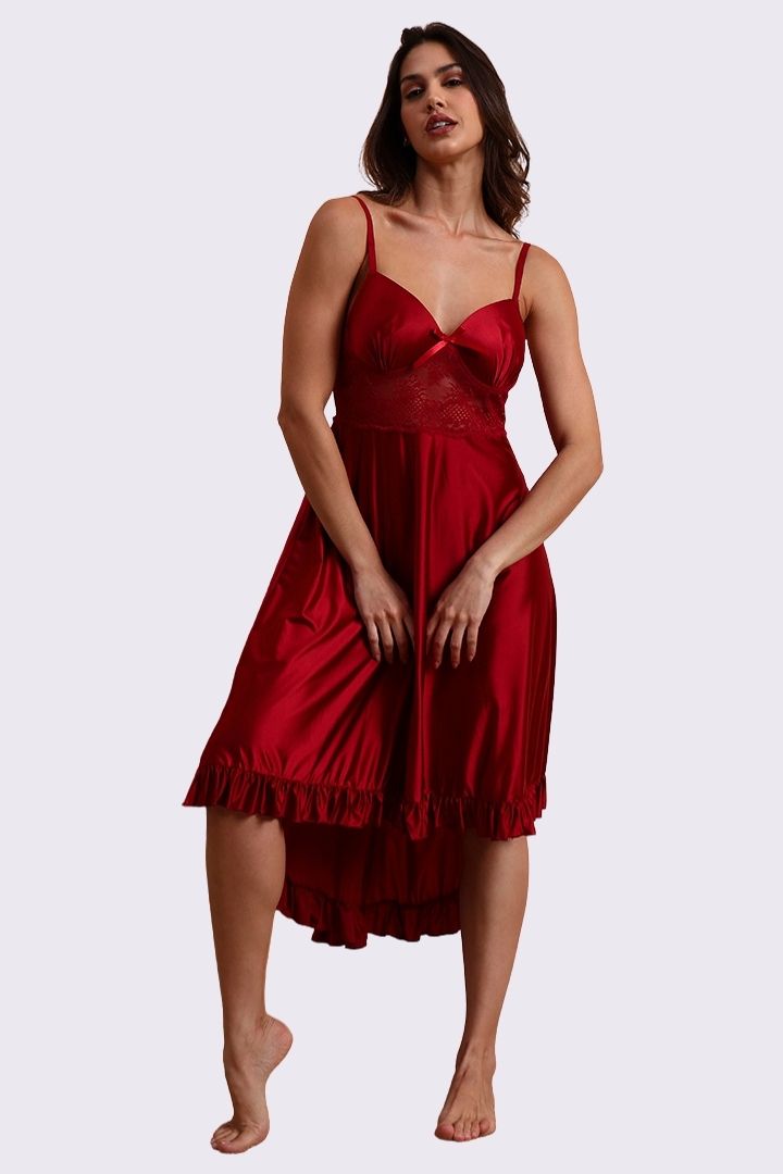 AXTZH Elegant Two-Piece Nightwear Set with Flowing Robe and Matching Inner Slip for Women X3052-SCARLET-F22M
