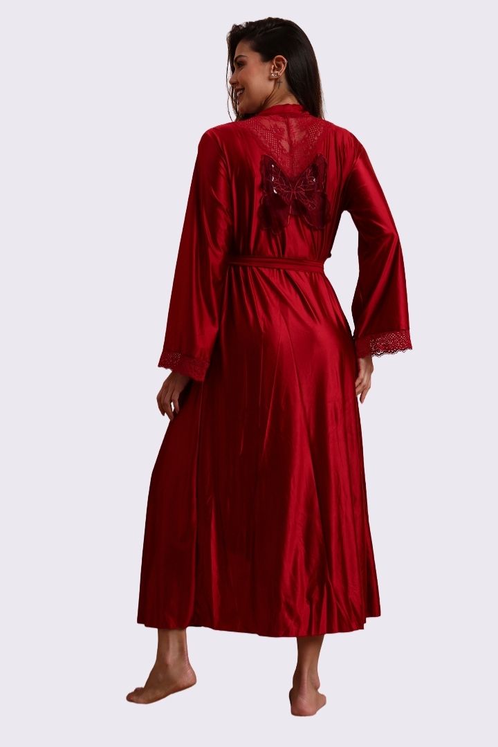 AXTZH Elegant Two-Piece Nightwear Set with Flowing Robe and Matching Inner Slip for Women X3052-SCARLET-F22M