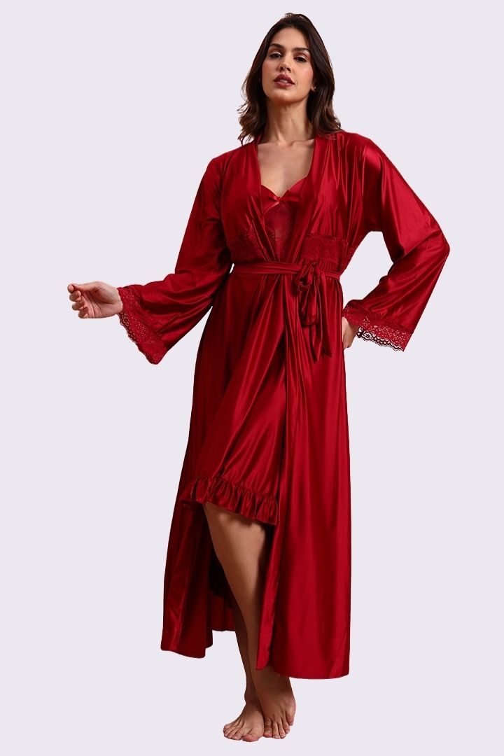 AXTZH Elegant Two-Piece Nightwear Set with Flowing Robe and Matching Inner Slip for Women X3052-SCARLET-F22M