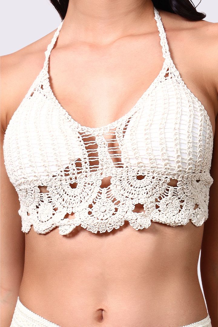 AXTZH Crochet Halter Beachwear Bra Top with Handcrafted Detailing and Playfu-X0169-BEIGE10-BW1PBL