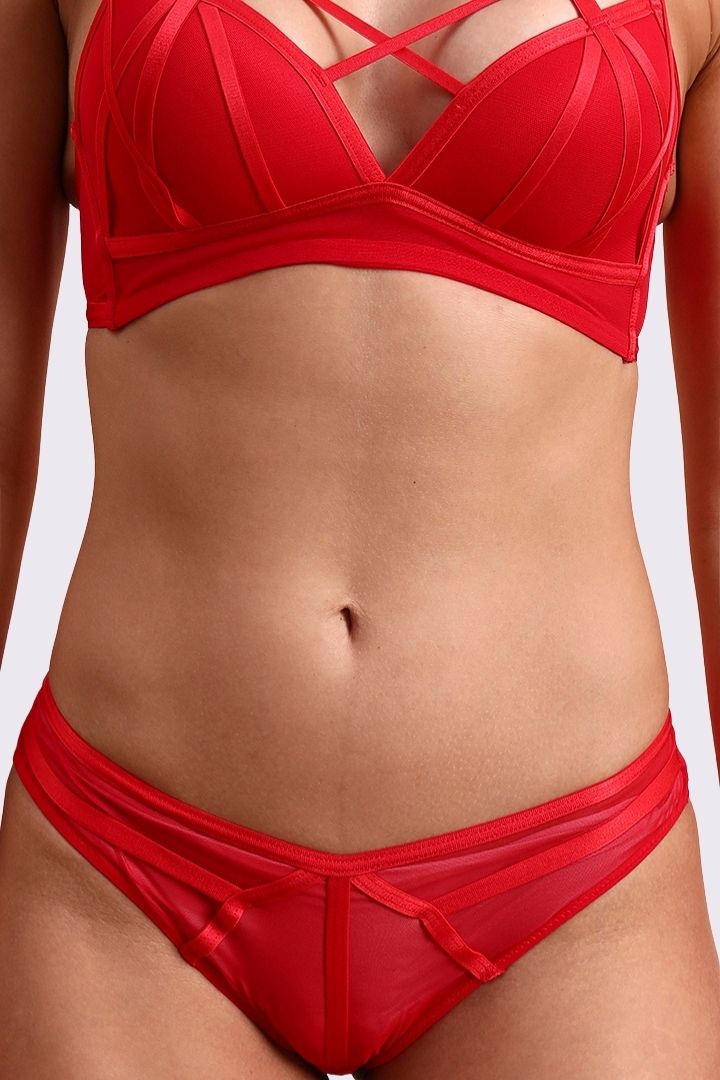 BELLAGIO Contemporary Strappy Bra with Sheer Panels and Flirty Matching Panty BB5331-RED-CN102
