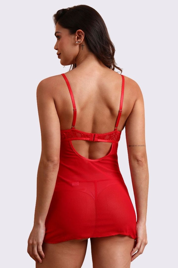 AXTZH Sensual Lace Nightwear for Women with Sheer Detailing and Elegant Cut-Out Accents X4372-RED-SF1N