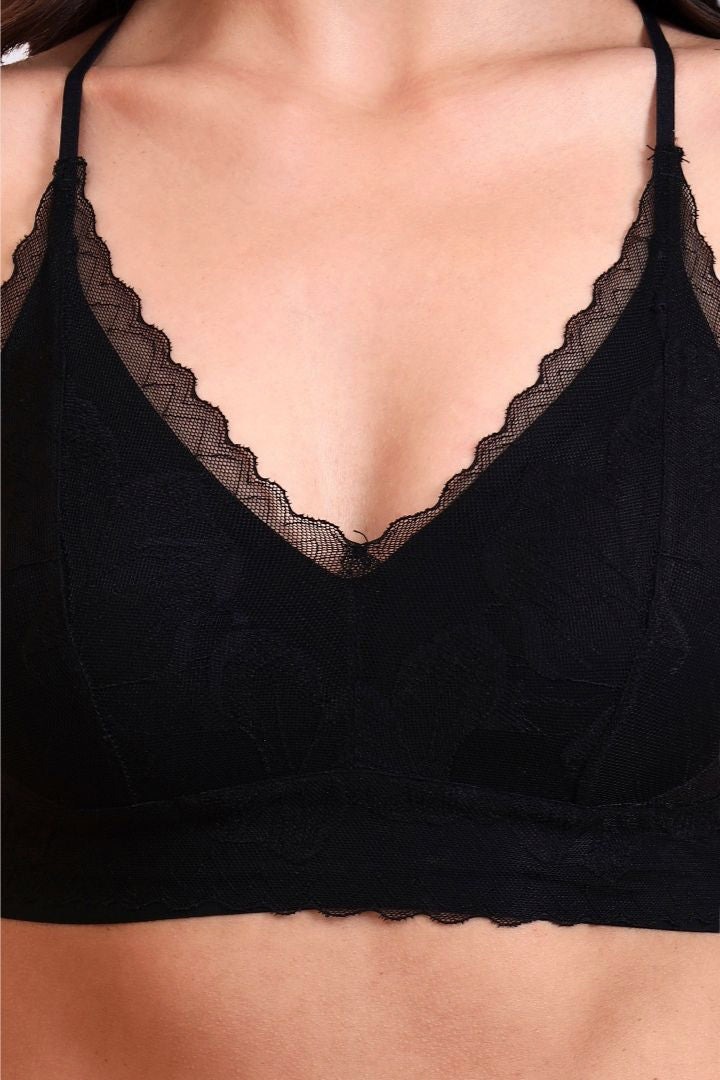 AXTZH Feminine Bralette Featuring Sheer Lace Accents and Lightweight Comfort-X5144-BLACK-CN114