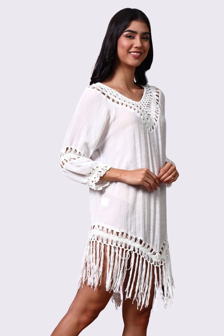 AXTZH Relaxed Fit Women’s Coverup with Embroidered Neckline and Chic Details-X3840-WHITE-SNGA1