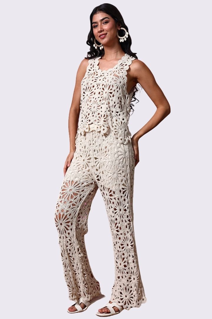 AXTZH Resort-Inspired Crochet Pants Featuring Sheer Weave and Flowing Silhouette X0150-BEIGE-BW1PLO