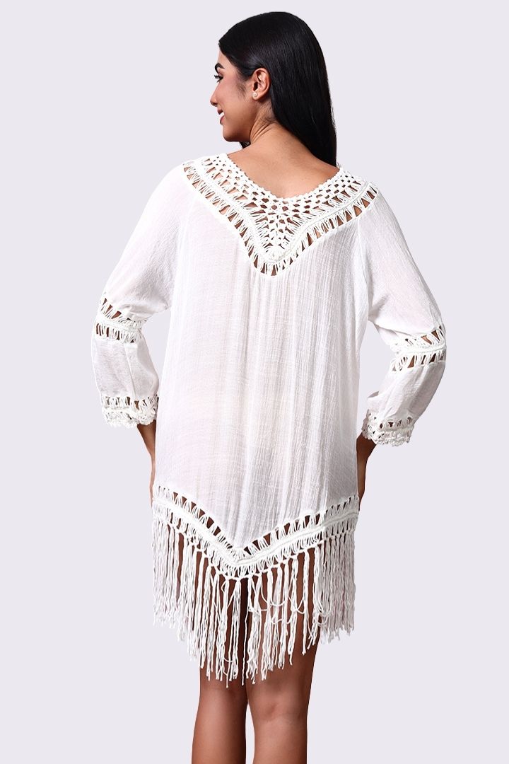 AXTZH Relaxed Fit Women’s Coverup with Embroidered Neckline and Chic Details-X3840-WHITE-SNGA1