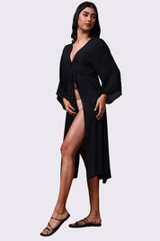 AXTZH Elegant Women’s Coverup Sarong Beachwear with Flowing Silhouette and Tie Detail-X8387-BLACK-SNGA2