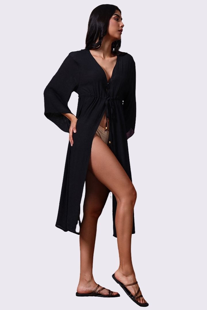 AXTZH Elegant Women’s Coverup Sarong Beachwear with Flowing Silhouette and Tie Detail-X8387-BLACK-SNGA2