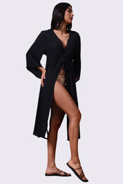 AXTZH Elegant Women’s Coverup Sarong Beachwear with Flowing Silhouette and Tie Detail-X8387-BLACK-SNGA2