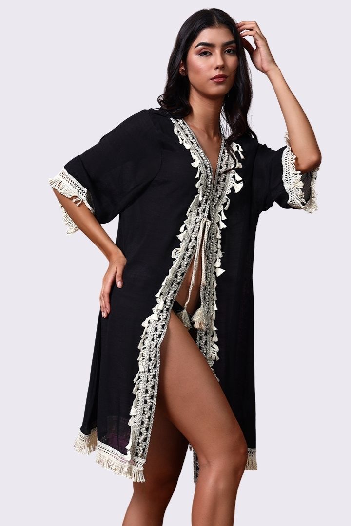 AXTZH Lightweight Resort Cover-Up Featuring Crochet Detailing and Breezy Fit X4511-BLACK-SNGA2