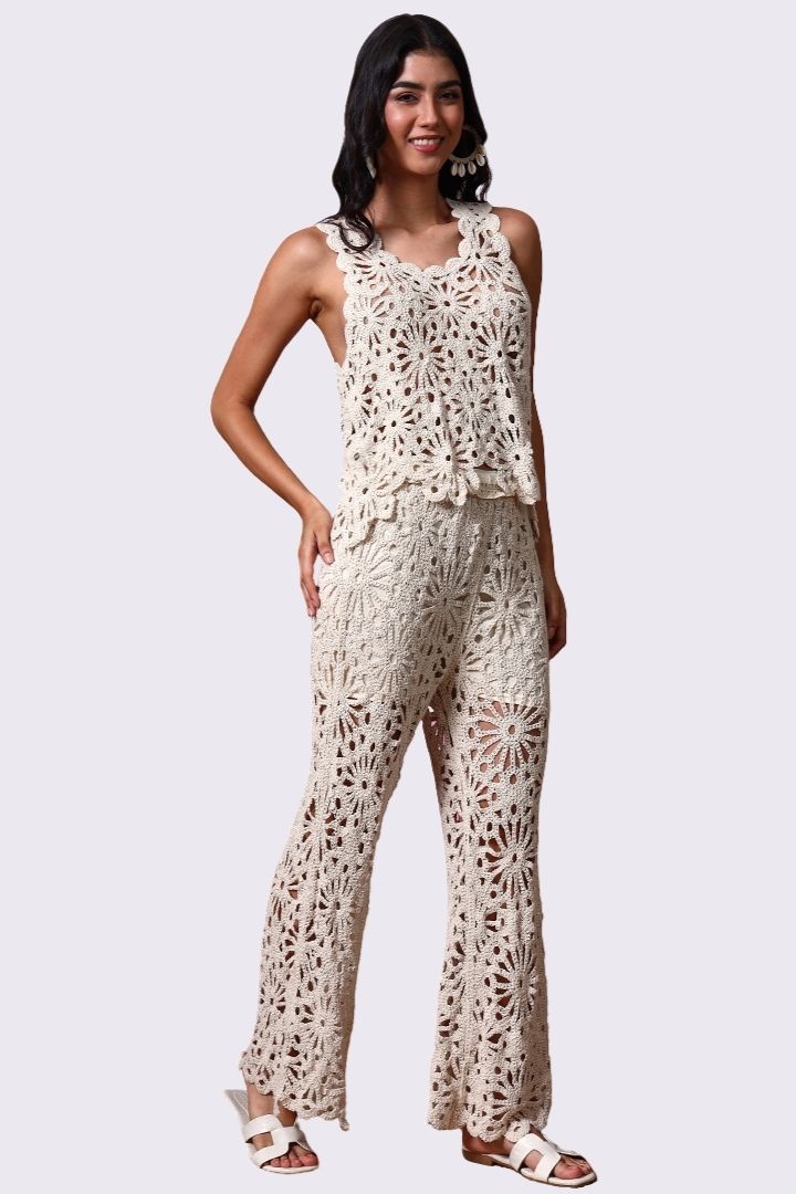 AXTZH Resort-Inspired Crochet Pants Featuring Sheer Weave and Flowing Silhouette X0150-BEIGE-BW1PLO